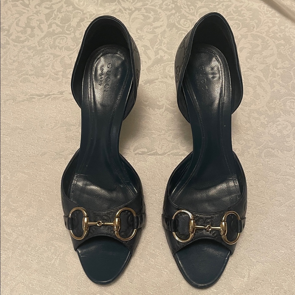 Gucci Navy Open-Toe Heels with Gold Hardware